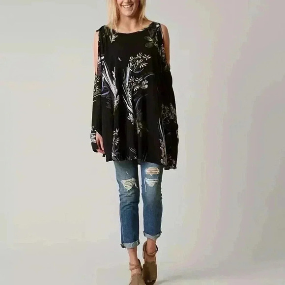 Free People  Clear Skies Printed Cold Shoulder Tunic Floral Boho Black Women's M - Picture 4 of 14